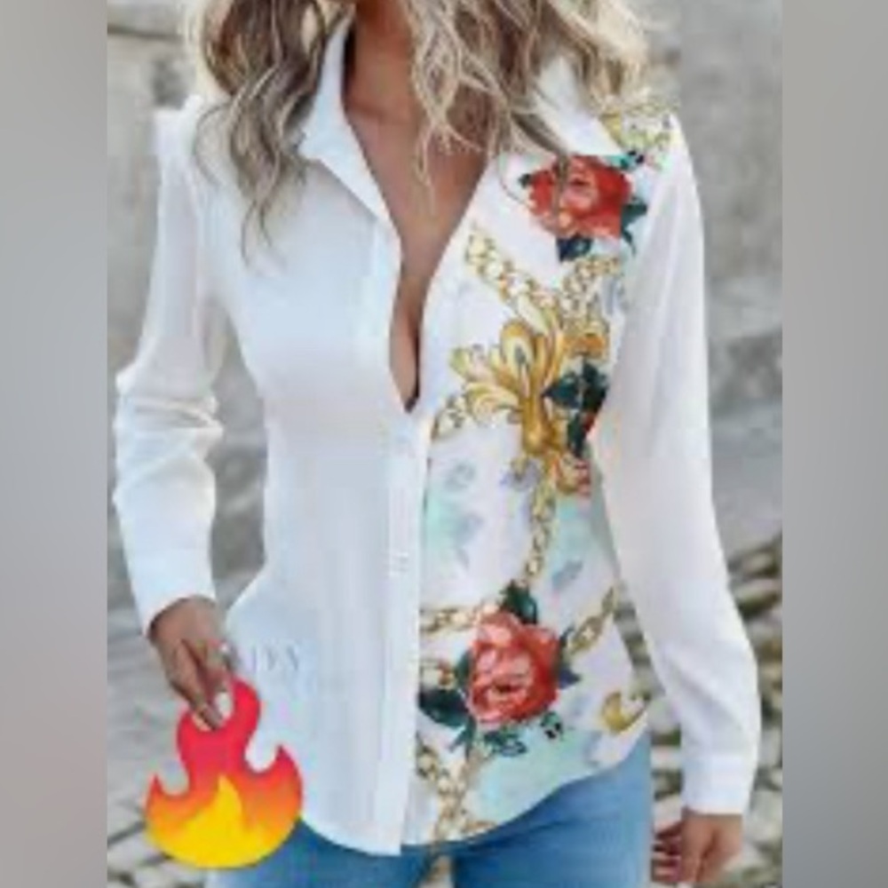 Women’s XXL White Button-Up Shirt Gold Baroque Floral Print Elegant Blouse Top